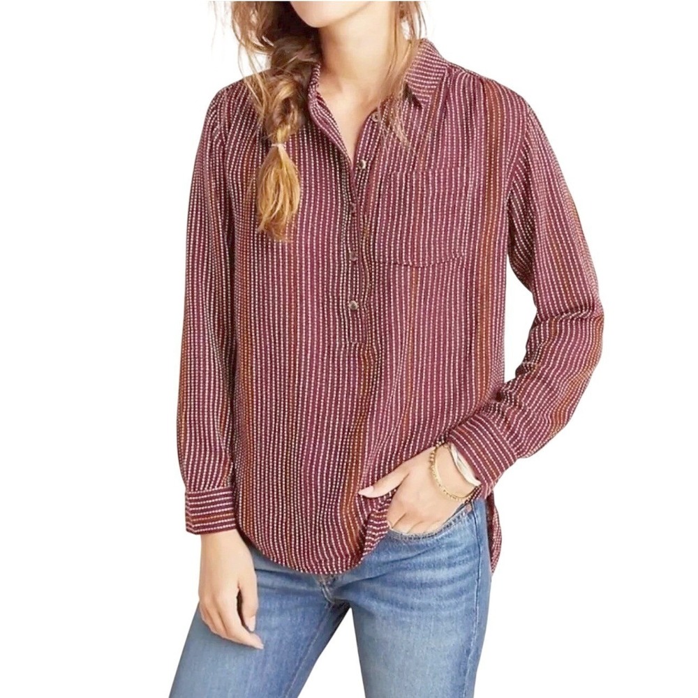 Anthropologie Womens S Red Striped Button-Back Wool Blend Popover Tunic Top